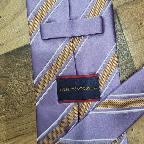 Henry Jacobson Handmade Silk Blend Tie Purple Tan Striped Mens Necktie - Picture 4 of 8